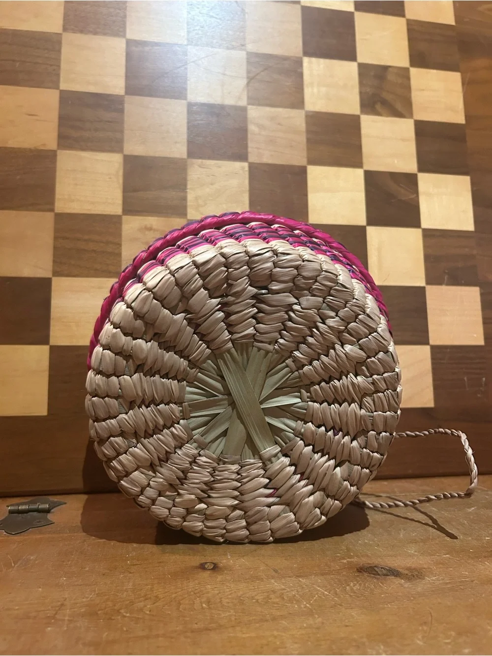 Handwoven Pink and Natural Round Storage Basket with Lid